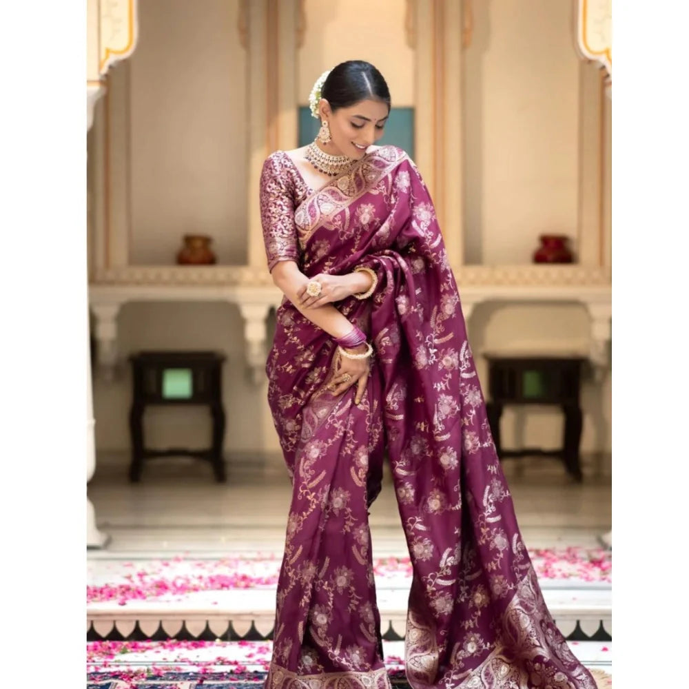 Women's Silk Printed Saree With Unstitched Blouse 5.5Mtr (Wine)