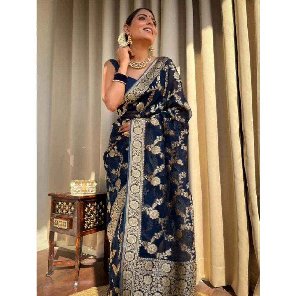 Women's Silk Printed Saree With Unstitched Blouse 5.5Mtr (Dark Blue)