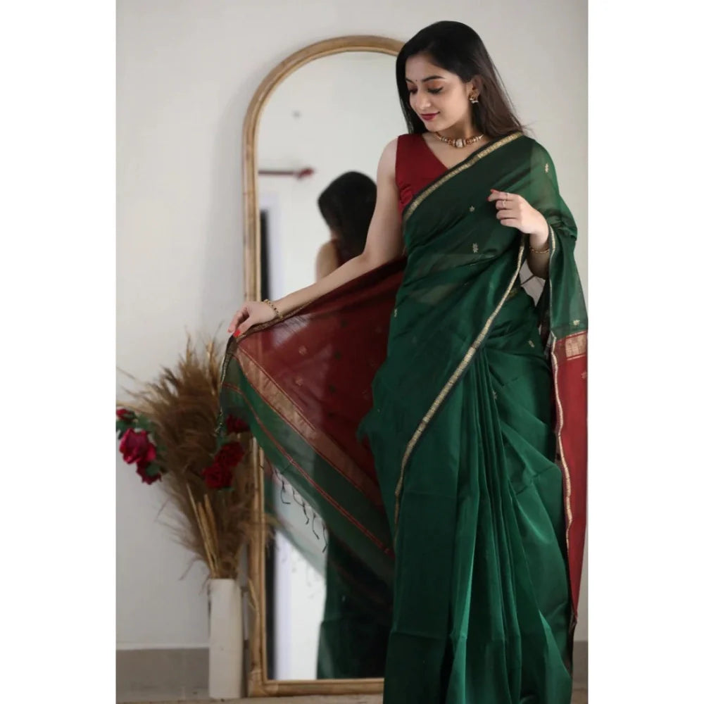 Women's Cotton  Printed Saree With Unstitched Blouse 5.5Mtr (Dark Green)