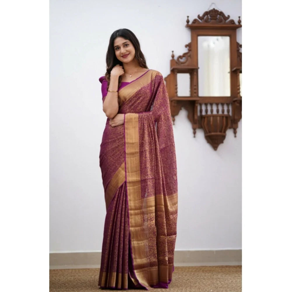 Women's Silk Printed Saree With Unstitched Blouse 5.5Mtr (Wine)