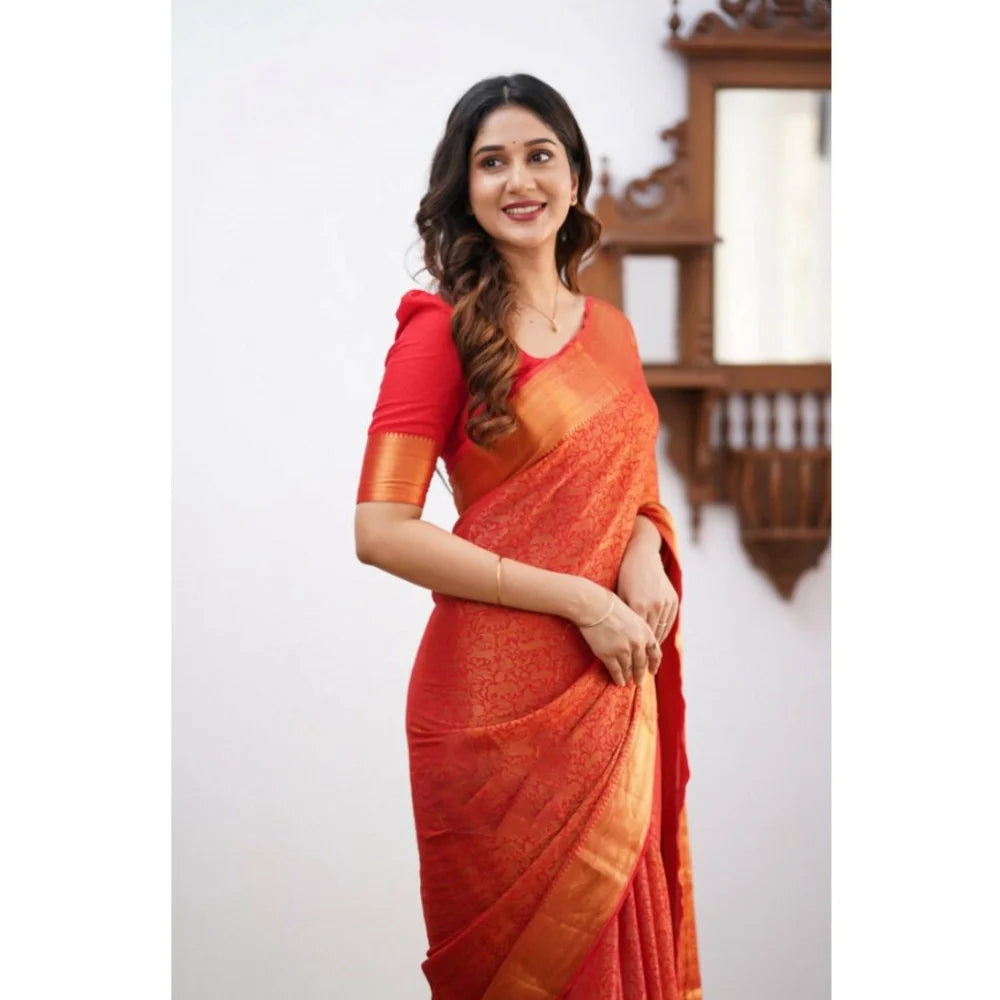 Women's Silk Printed Saree With Unstitched Blouse 5.5Mtr (Orange)