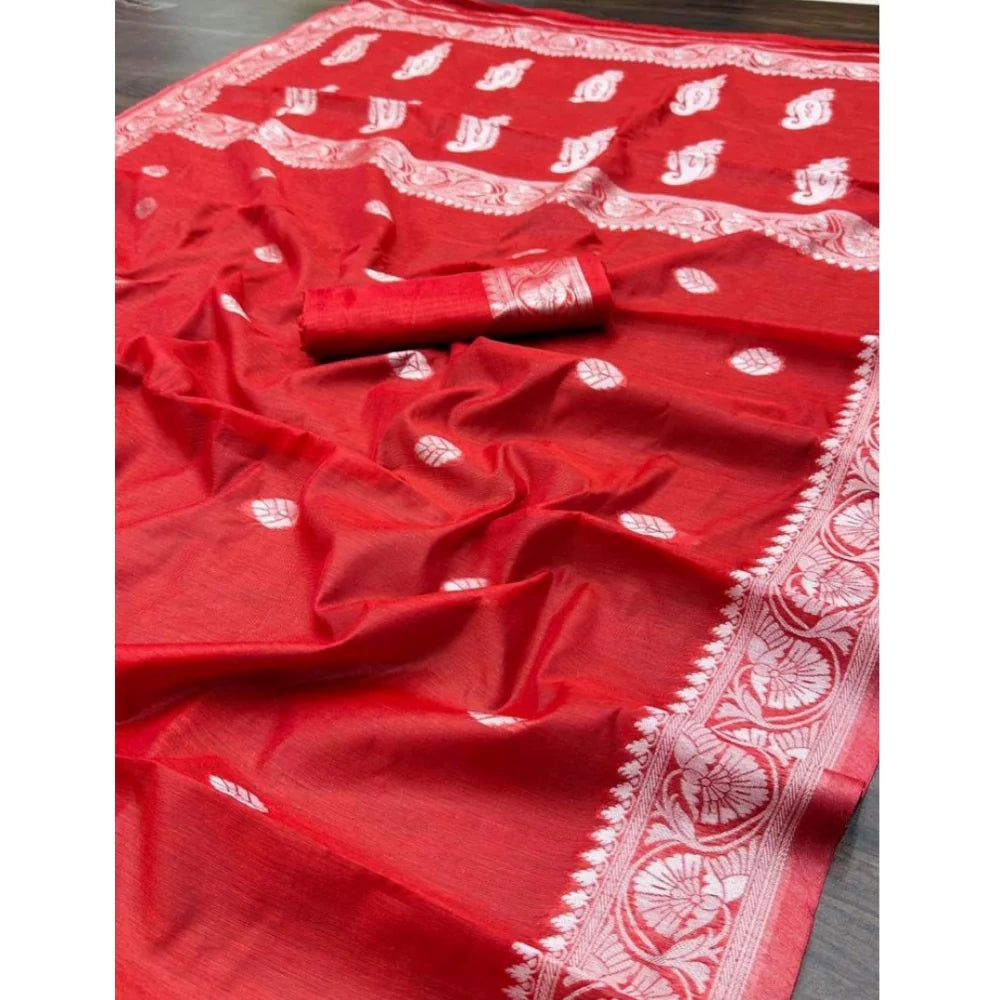 Women's Cotton  Printed Saree With Unstitched Blouse 5.5Mtr (Red)