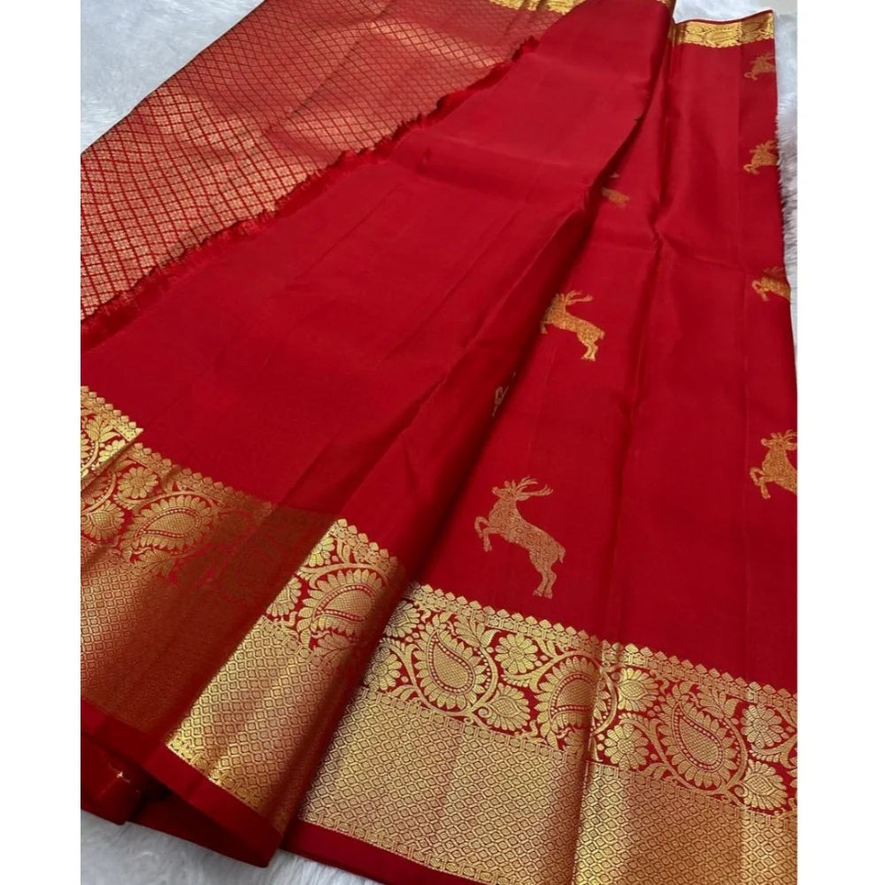 Women's Silk Printed Saree With Unstitched Blouse 5.5Mtr (Red)
