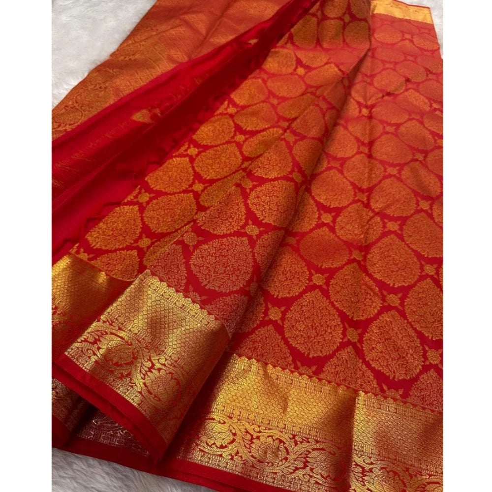 Women's Silk Printed Saree With Unstitched Blouse 5.5Mtr (Red)