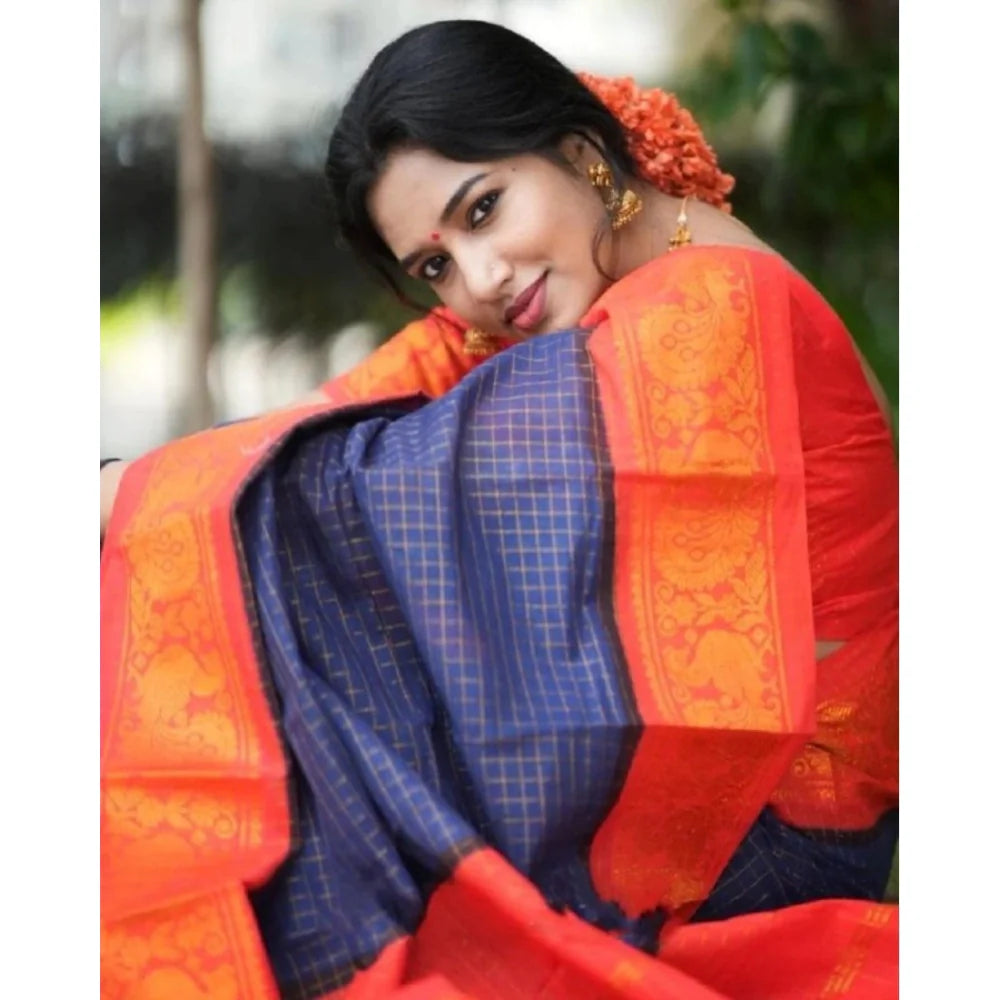 Women's Silk Printed Saree With Unstitched Blouse 5.5Mtr (Blue)