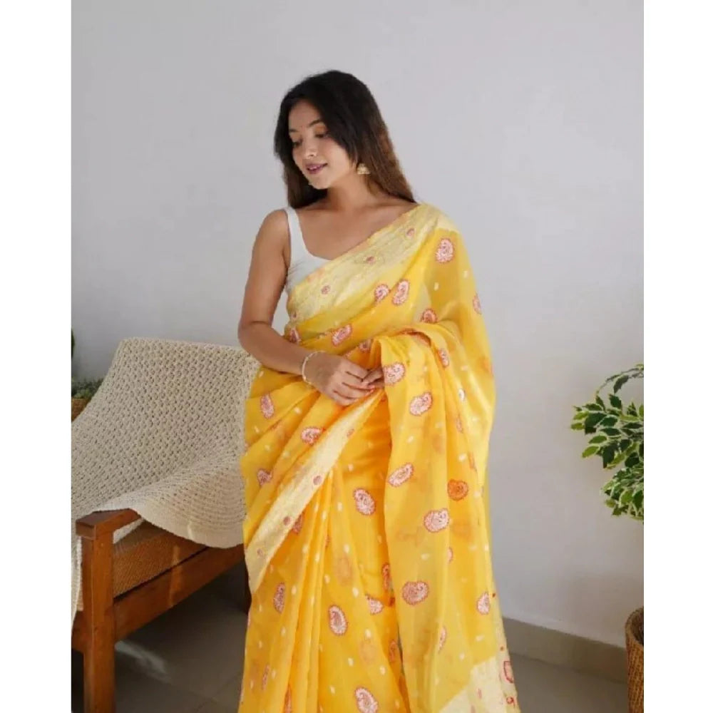 Women's Cotton  Printed Saree With Unstitched Blouse 5.5Mtr (Yellow)