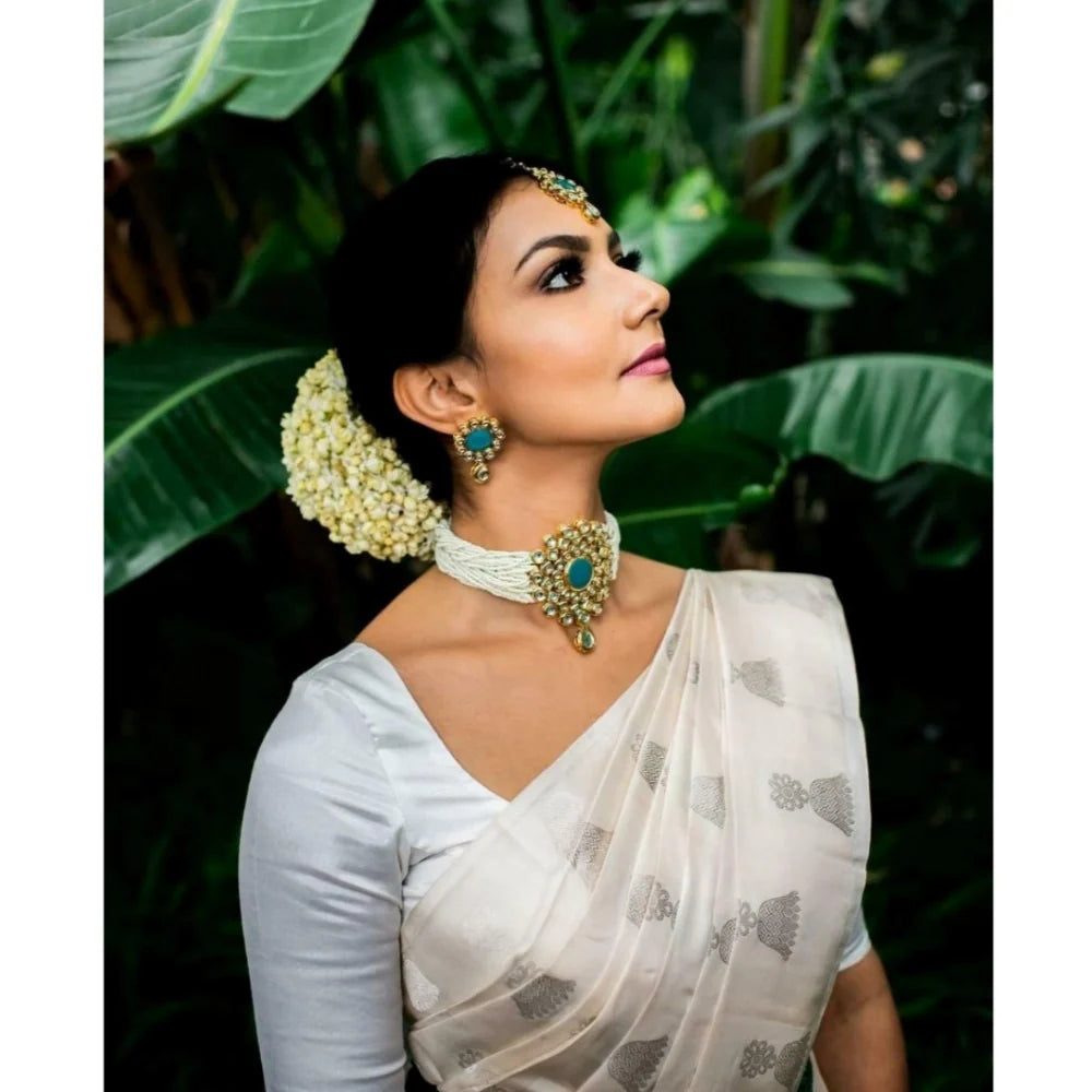 Women's Silk Printed Saree With Unstitched Blouse 5.5Mtr (White)