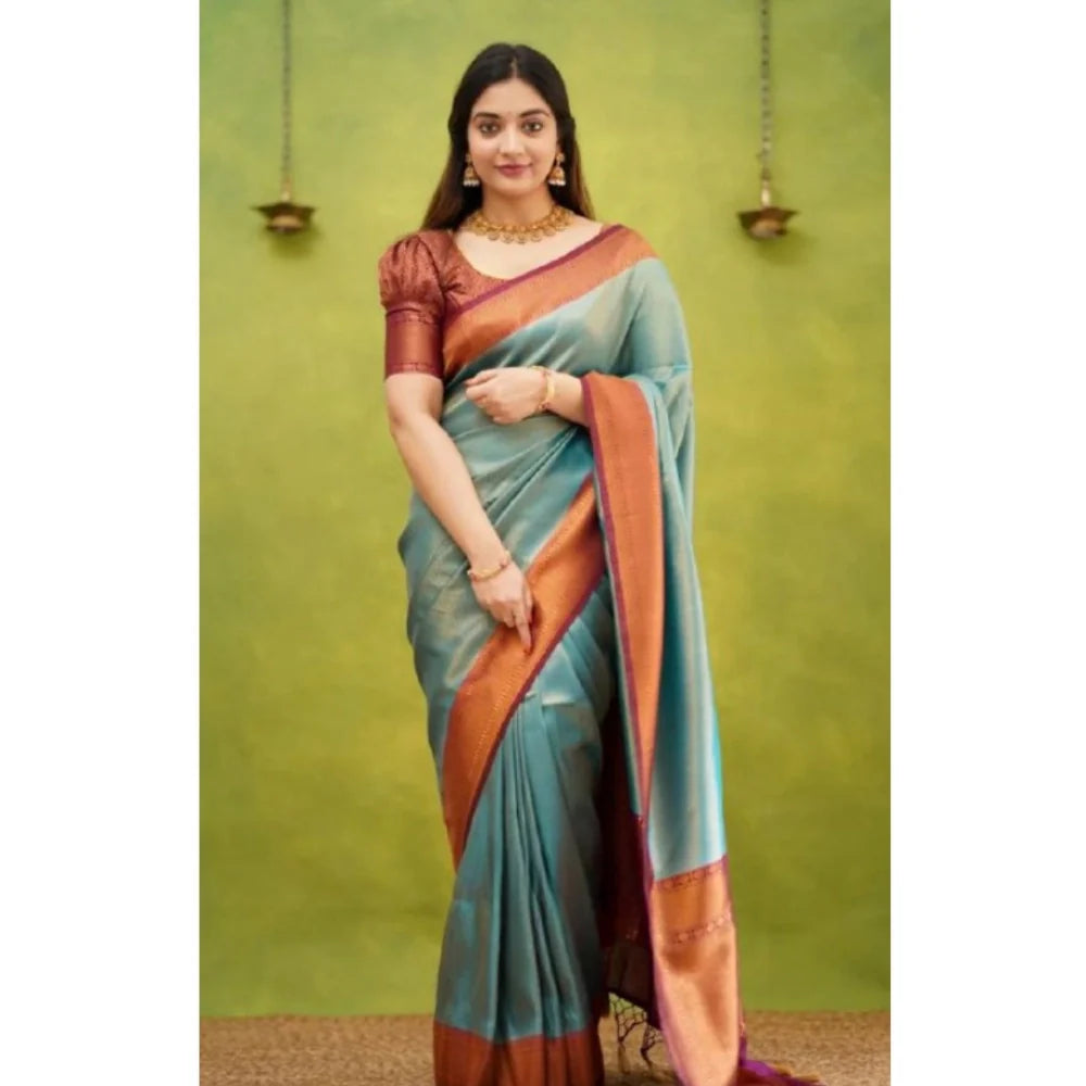 Women's Silk Printed Saree With Unstitched Blouse 5.5Mtr (Rama)