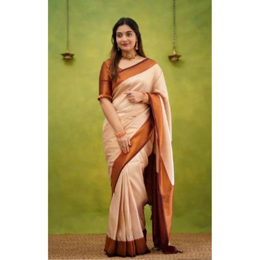 Women's Silk Printed Saree With Unstitched Blouse 5.5Mtr (Cream)