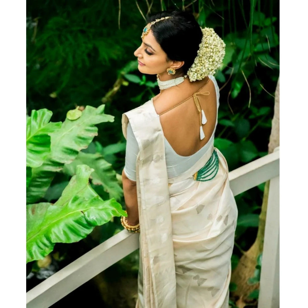 Women's Silk Printed Saree With Unstitched Blouse 5.5Mtr (White)