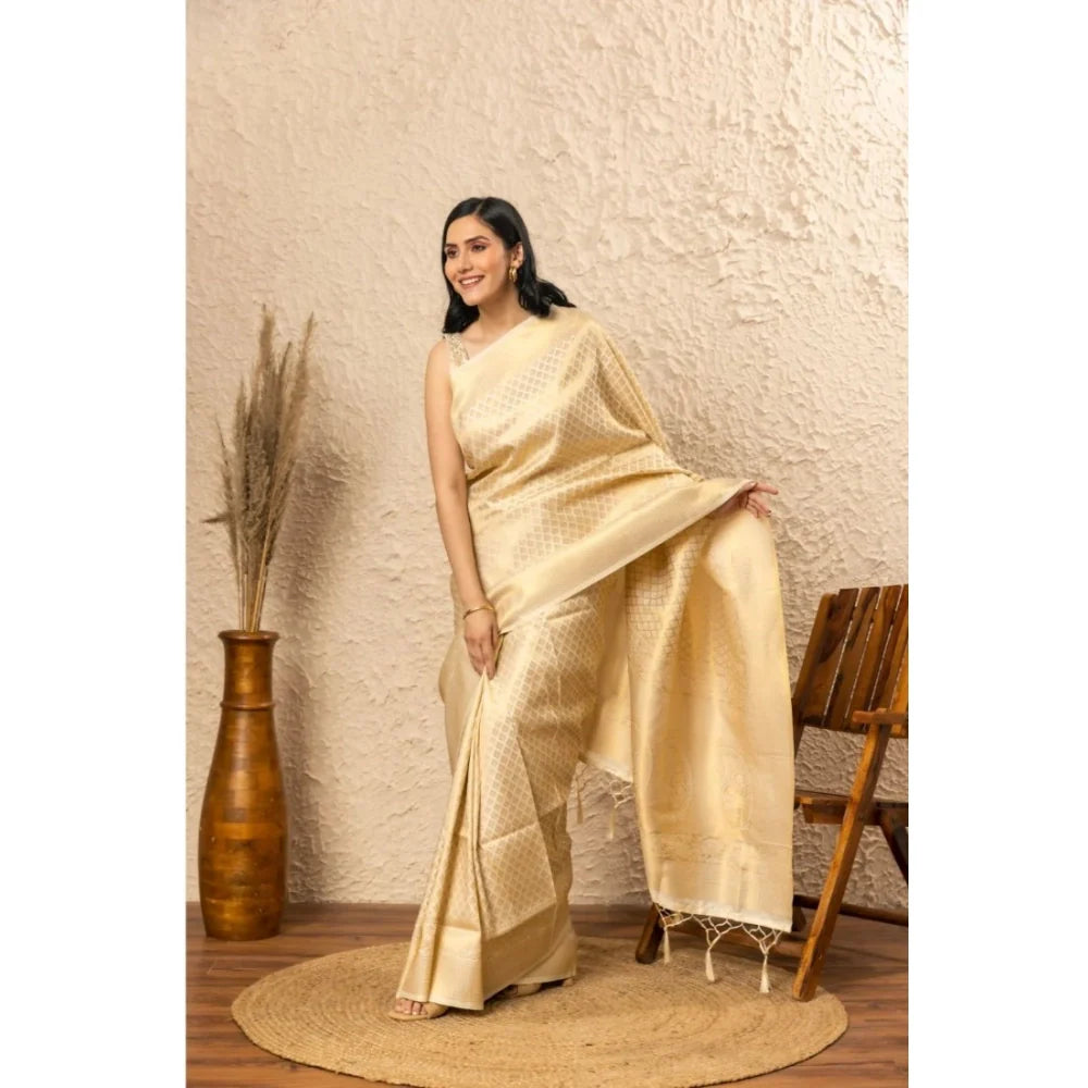 Women's Silk Printed Saree With Unstitched Blouse 5.5Mtr (Gold)