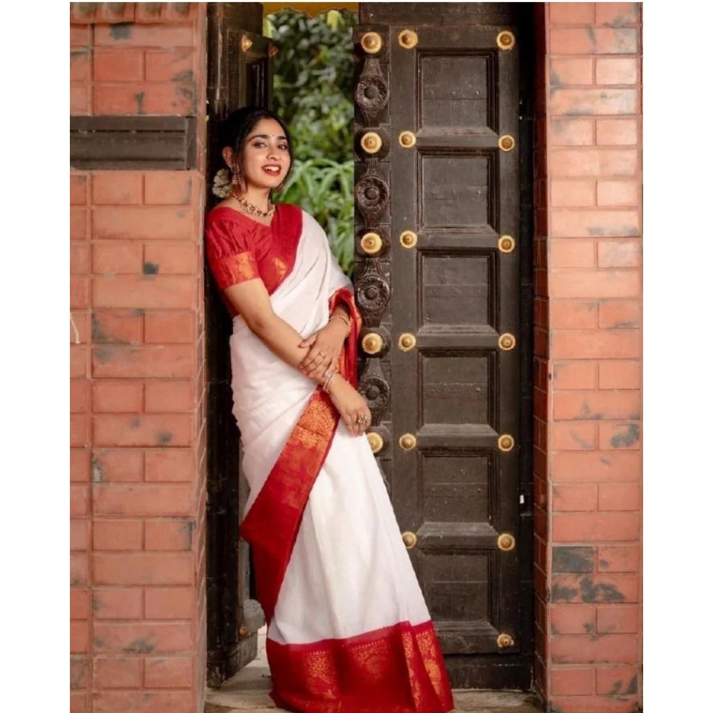 Women's Silk Printed Saree With Unstitched Blouse 5.5Mtr (White)