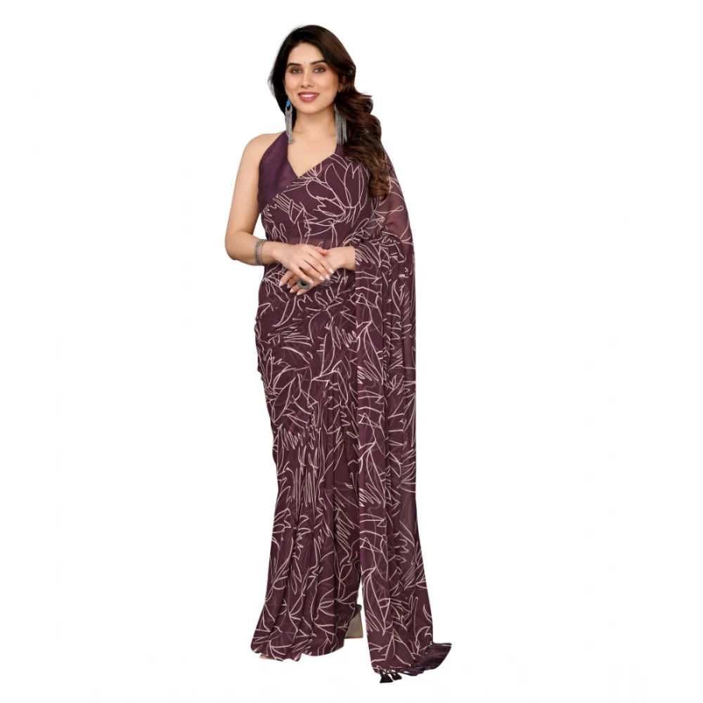Women's Zalar Lace Georgette Printed Ready-to-Wear Saree With Unstitched Blouse 5.5 Mtr (Wine)