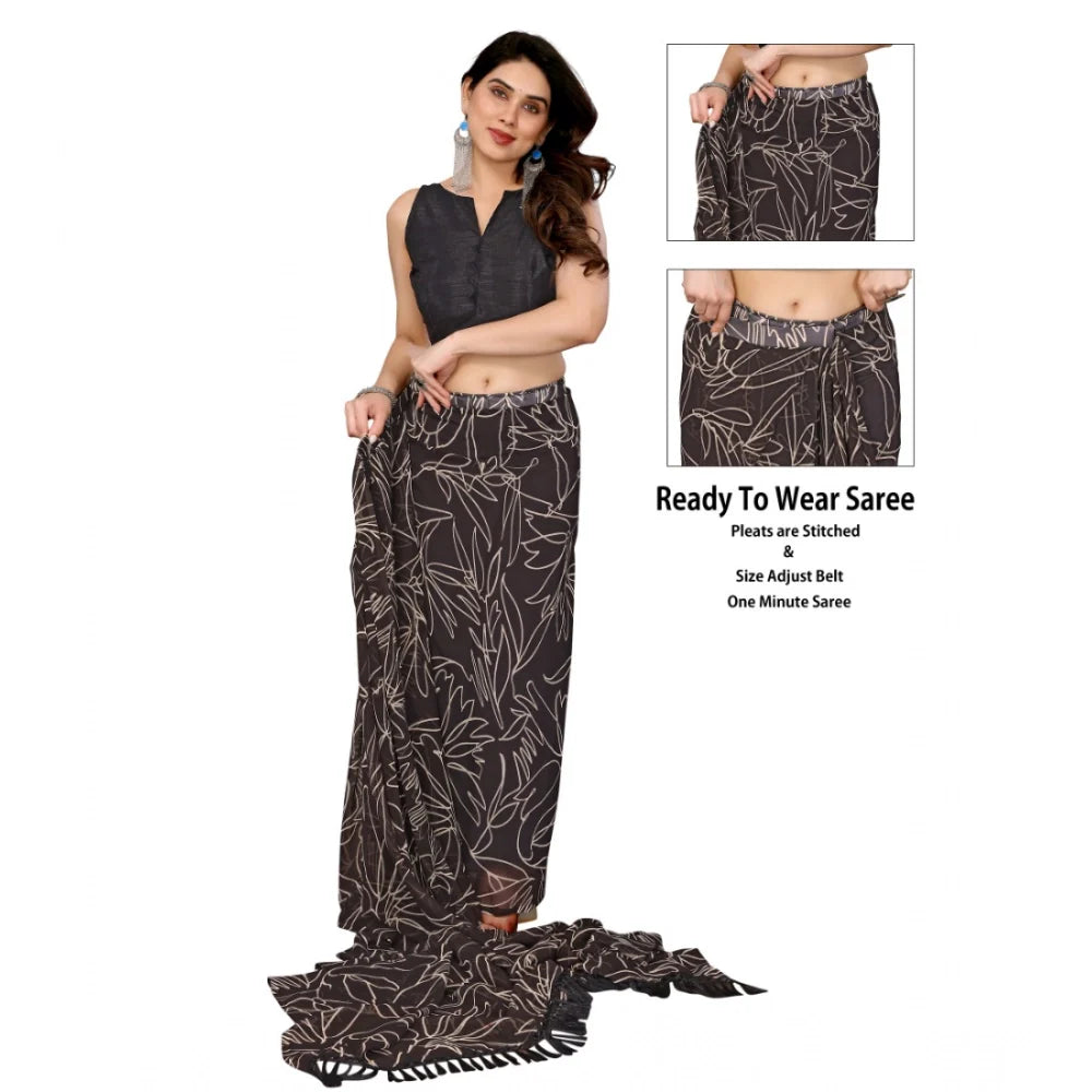 Women's Zalar Lace Georgette Printed Ready-to-Wear Saree With Unstitched Blouse 5.5 Mtr (Brown)