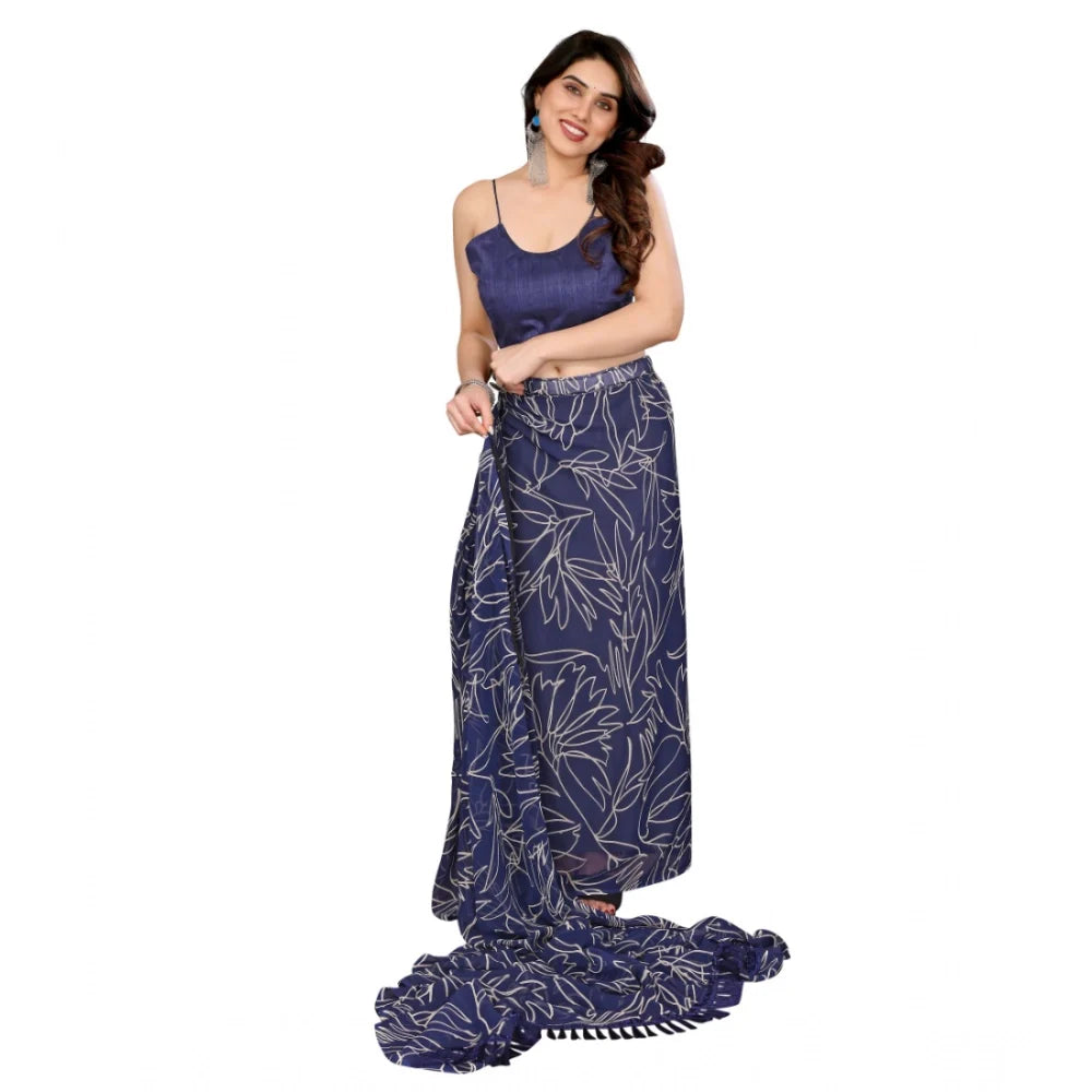 Women's Zalar Lace Georgette Printed Ready-to-Wear Saree With Unstitched Blouse 5.5 Mtr (Blue)