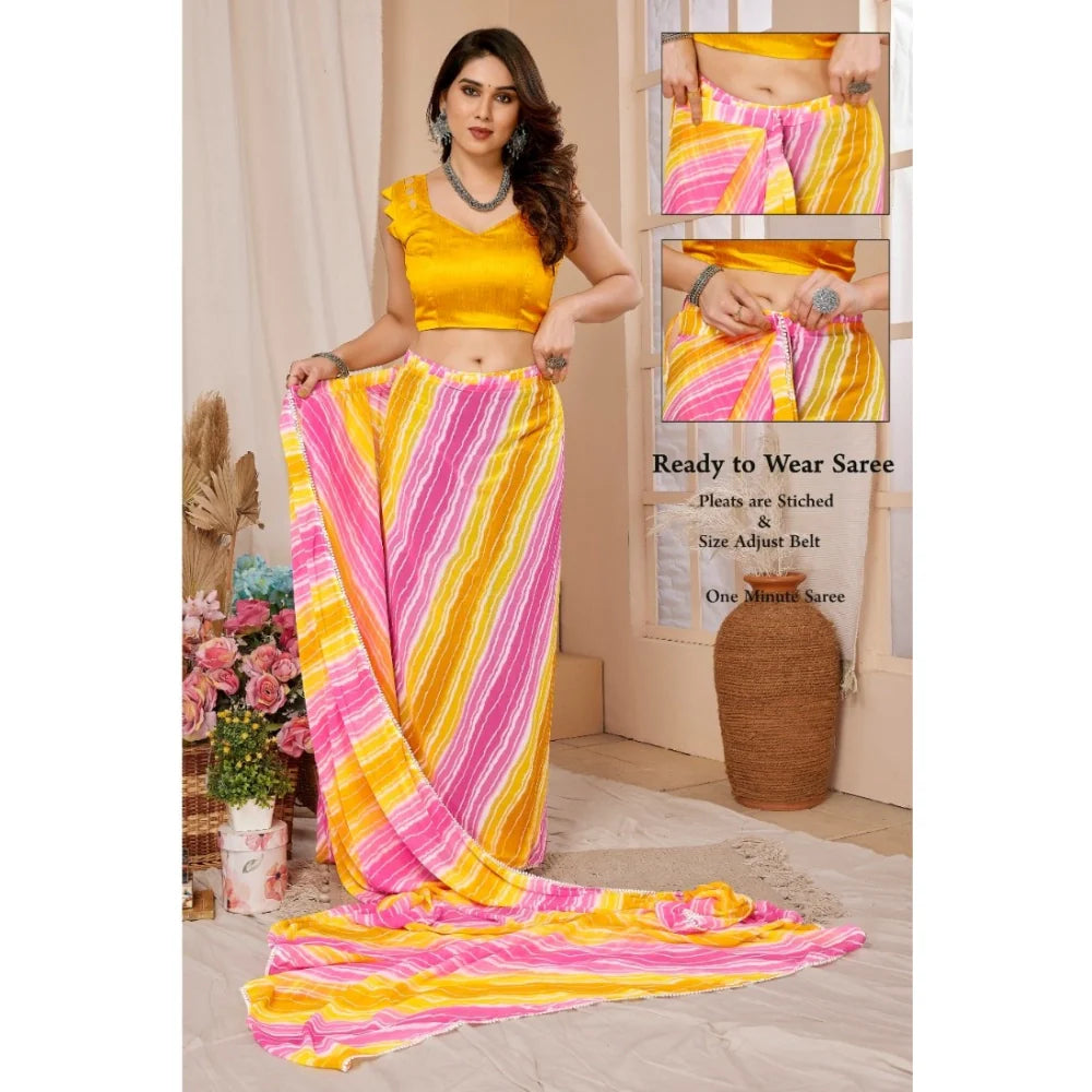 Women's Small Lace Georgette Striped Ready-to-Wear Saree With Unstitched Blouse 5.5 Mtr (Yellow-Pink)