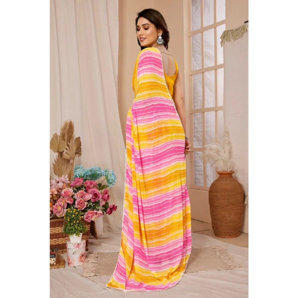 Women's Small Lace Georgette Striped Ready-to-Wear Saree With Unstitched Blouse 5.5 Mtr (Yellow-Pink)