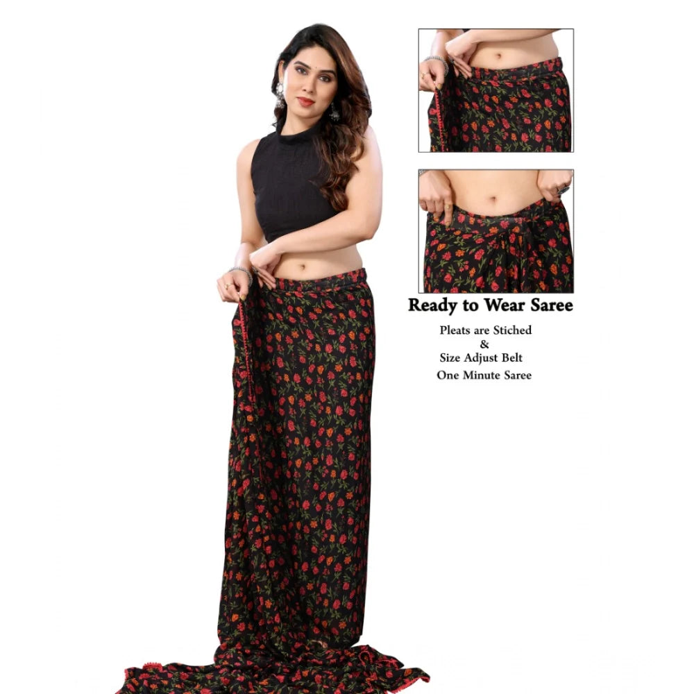 Women's Small Lace Georgette Printed Ready-to-Wear Saree With Unstitched Blouse 5.5 Mtr (Black)
