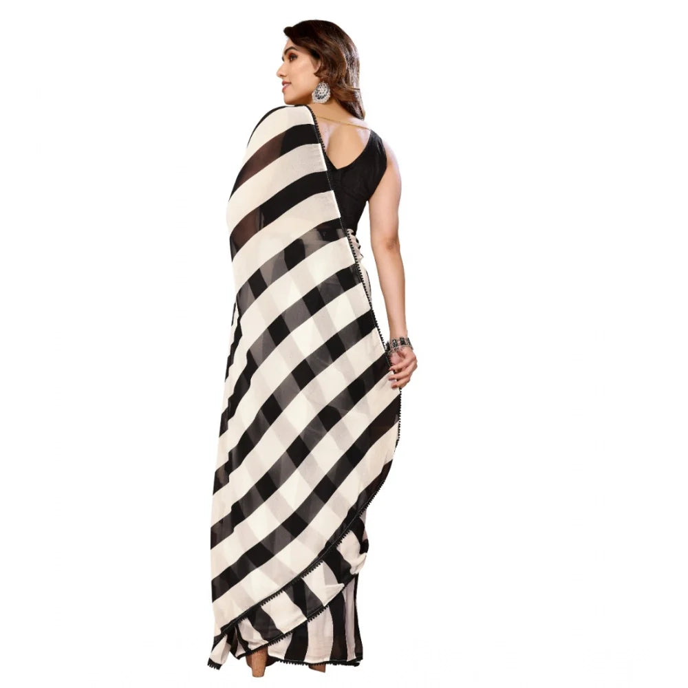 Women's Small Lace Georgette Striped Ready-to-Wear Saree With Unstitched Blouse 5.5 Mtr (Black-White)