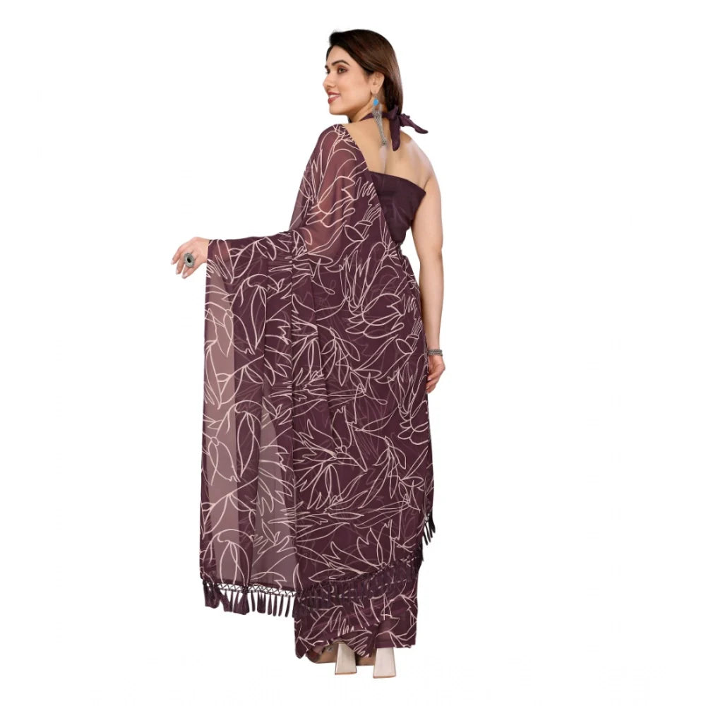 Women's Zalar Lace Georgette Printed Ready-to-Wear Saree With Unstitched Blouse 5.5 Mtr (Wine)