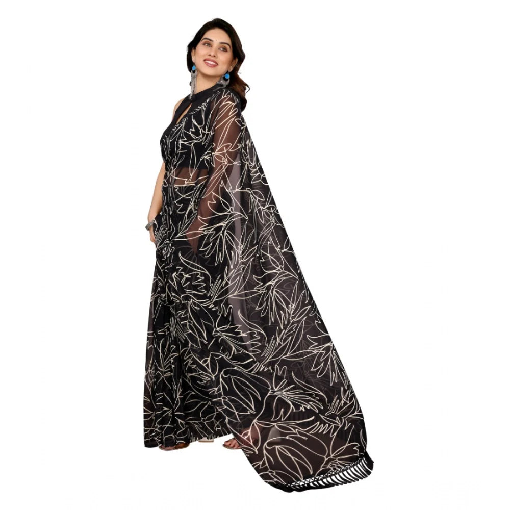 Women's Zalar Lace Georgette Printed Ready-to-Wear Saree With Unstitched Blouse 5.5 Mtr (Black)