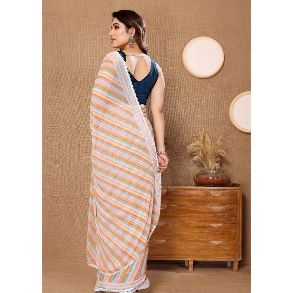 Women's Small Lace Georgette Striped Ready-to-Wear Saree With Unstitched Blouse 5.5 Mtr (Orange)