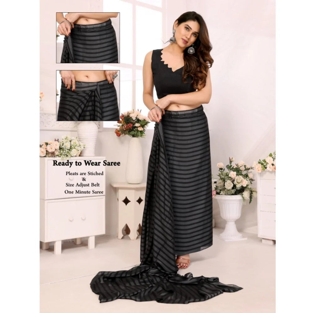 Women's  Black Berry Striped Ready-to-Wear Saree With Unstitched Blouse 5.5 Mtr (Grey-Black)