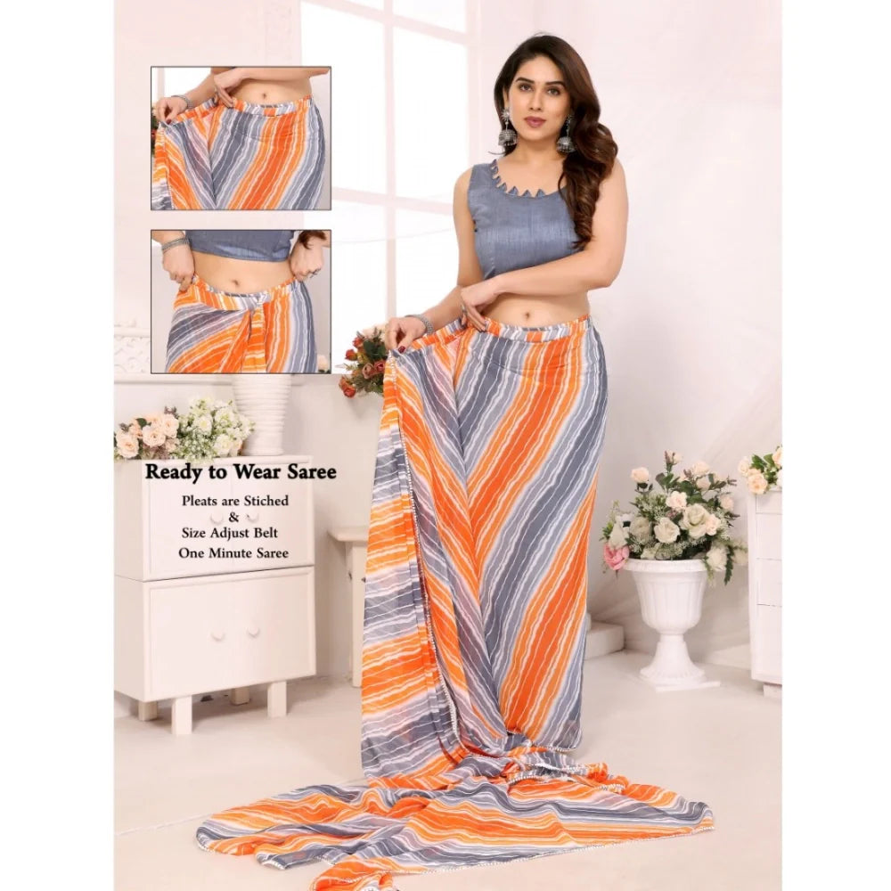 Women's Small Lace Georgette Striped Ready-to-Wear Saree With Unstitched Blouse 5.5 Mtr (Grey)
