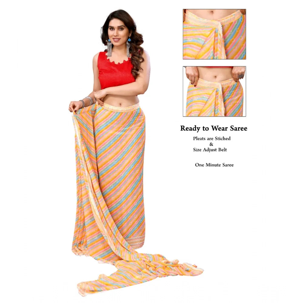 Women's Small Lace Georgette Striped Ready-to-Wear Saree With Unstitched Blouse 5.5 Mtr (Yellow)