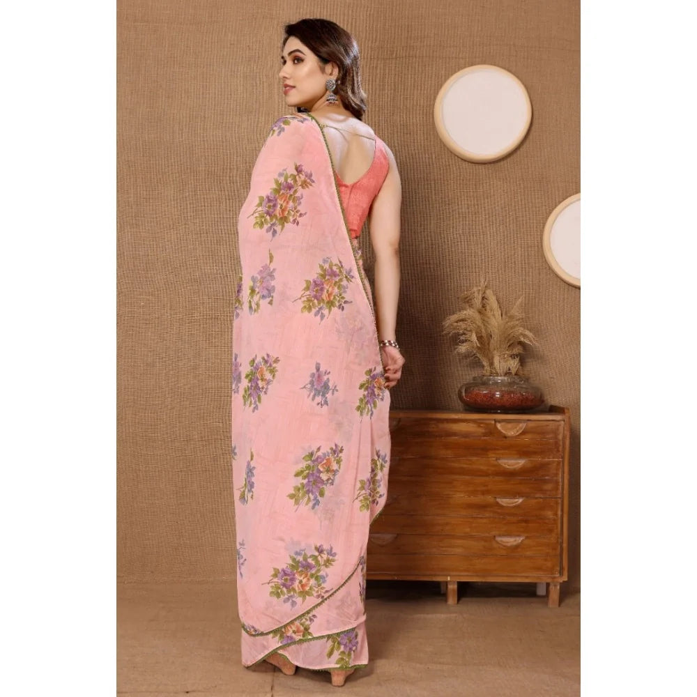 Women's Small Lace Georgette Printed Ready-to-Wear Saree With Unstitched Blouse 5.5 Mtr (Peach)