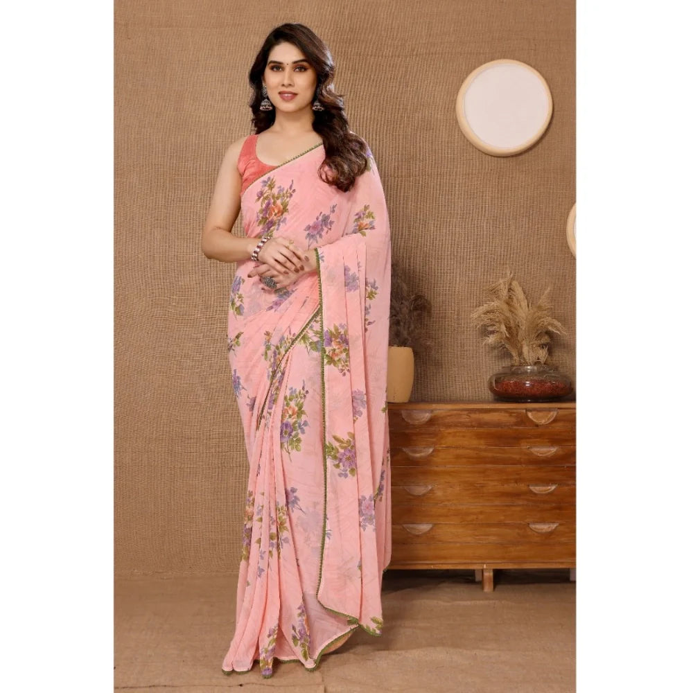 Women's Small Lace Georgette Printed Ready-to-Wear Saree With Unstitched Blouse 5.5 Mtr (Peach)