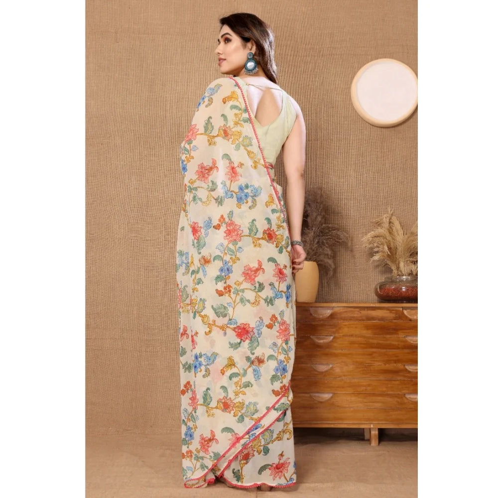 Women's Small Lace Georgette Printed Ready-to-Wear Saree With Unstitched Blouse 5.5 Mtr (Off White)