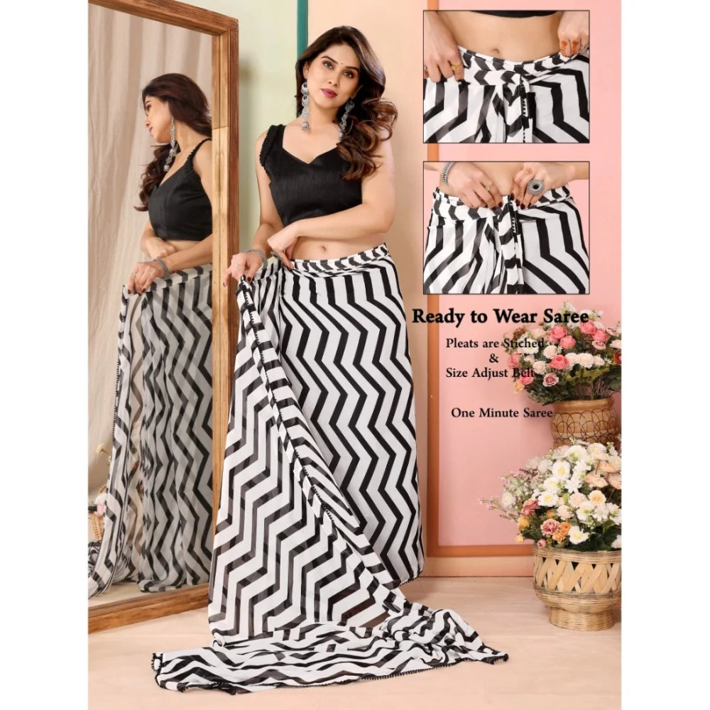Women's Small Lace Georgette Striped Ready-to-Wear Saree With Unstitched Blouse 5.5 Mtr (Black)