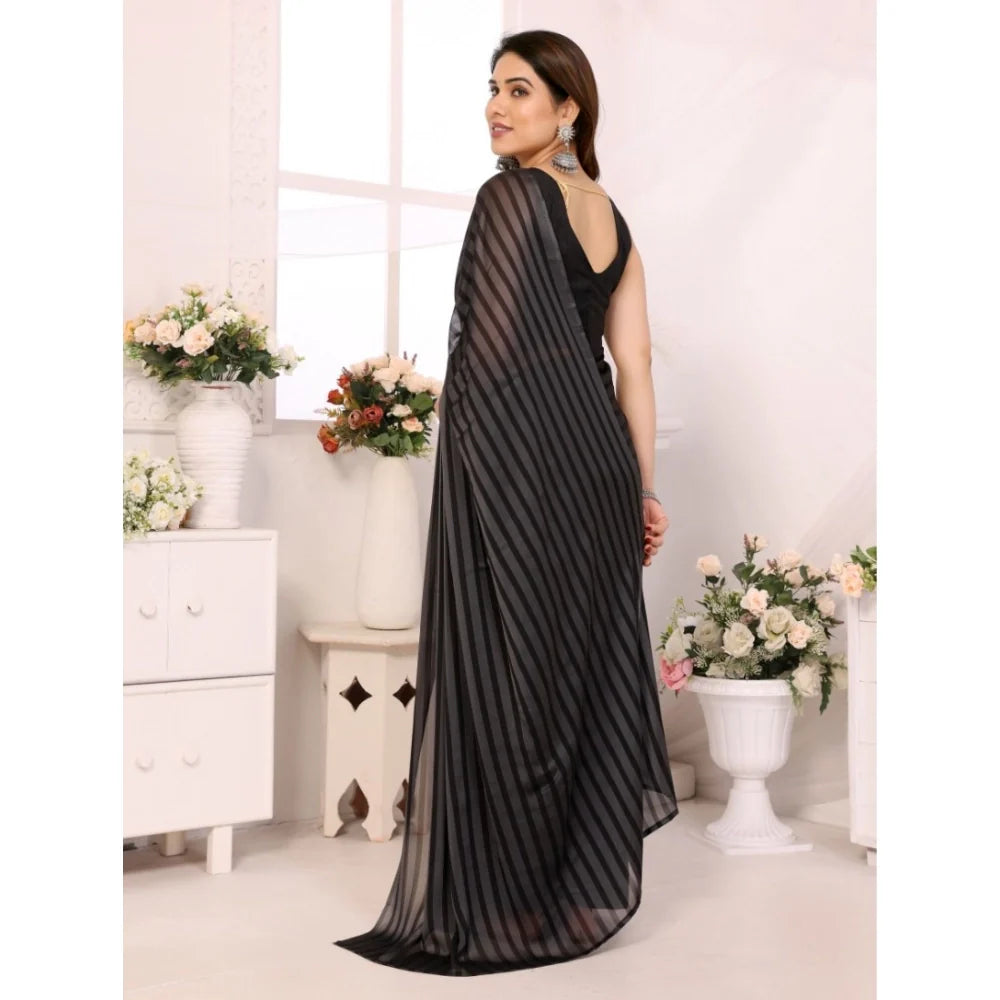 Women's  Black Berry Striped Ready-to-Wear Saree With Unstitched Blouse 5.5 Mtr (Grey-Black)