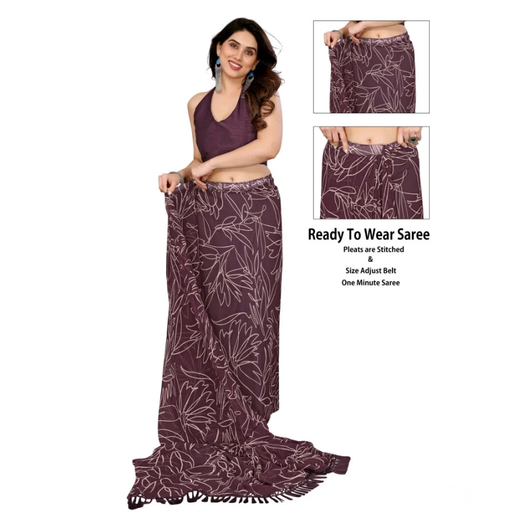 Women's Zalar Lace Georgette Printed Ready-to-Wear Saree With Unstitched Blouse 5.5 Mtr (Wine)