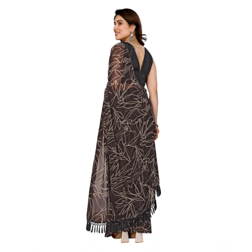Women's Zalar Lace Georgette Printed Ready-to-Wear Saree With Unstitched Blouse 5.5 Mtr (Brown)