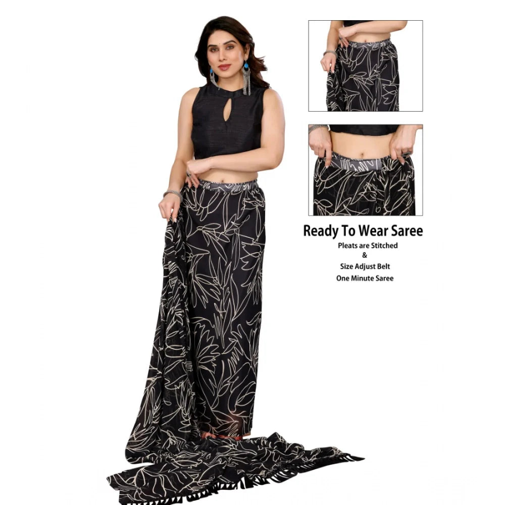 Women's Zalar Lace Georgette Printed Ready-to-Wear Saree With Unstitched Blouse 5.5 Mtr (Black)