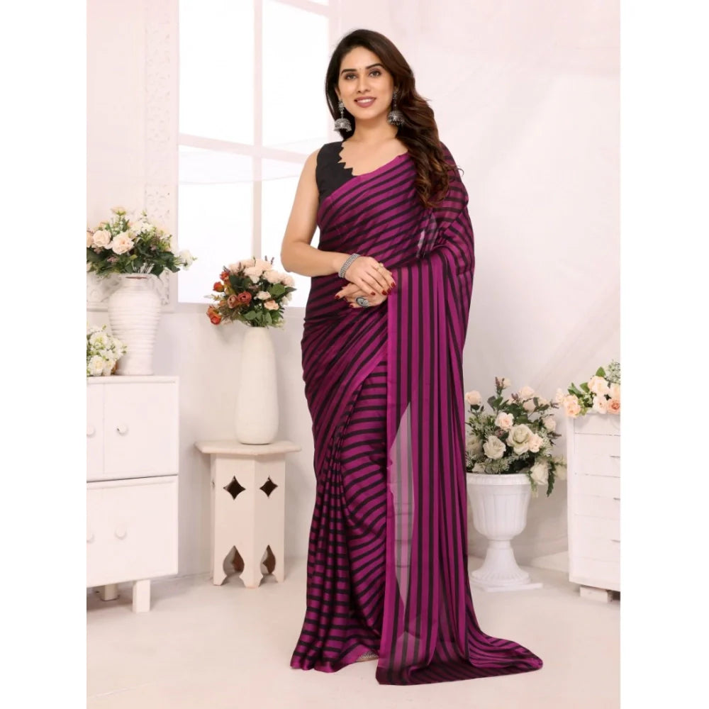 Women's  Black Berry Striped Ready-to-Wear Saree With Unstitched Blouse 5.5 Mtr (Purple-Black)