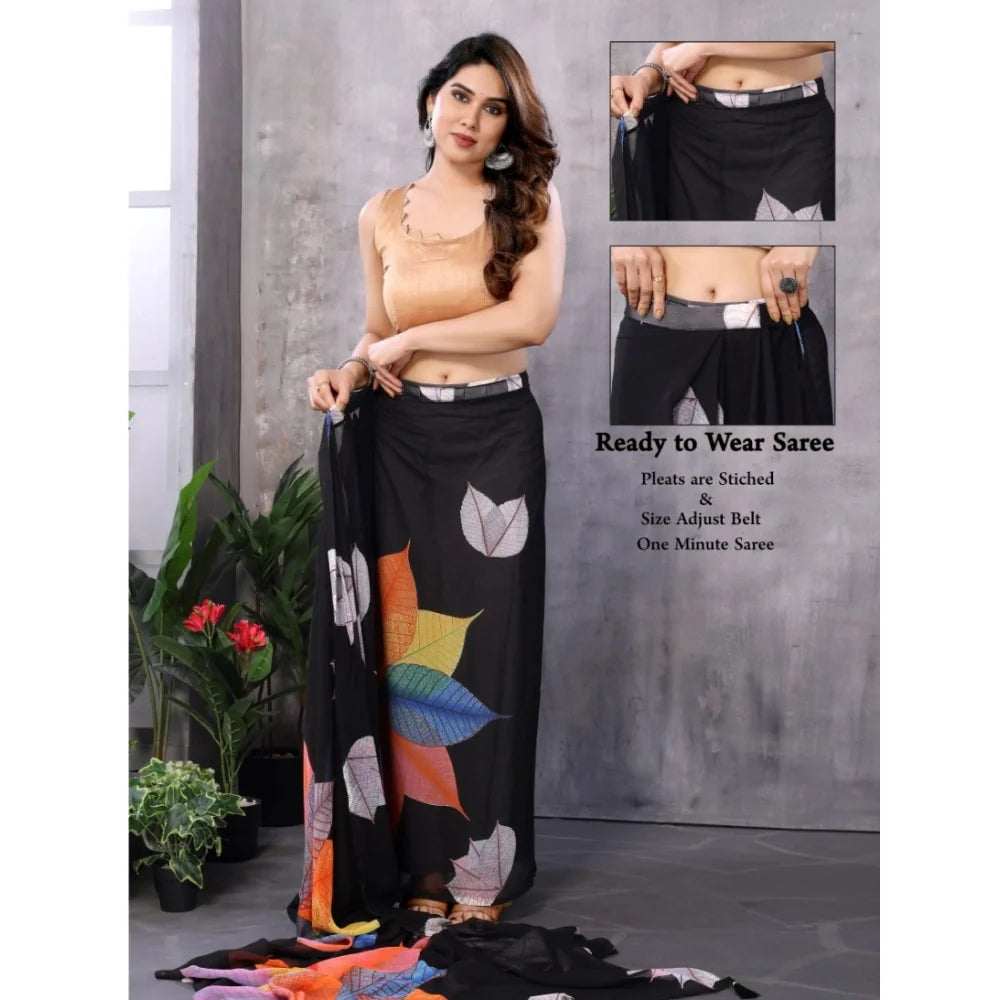 Women's Small Lace Georgette Printed Ready-to-Wear Saree With Unstitched Blouse 5.5 Mtr (Black)