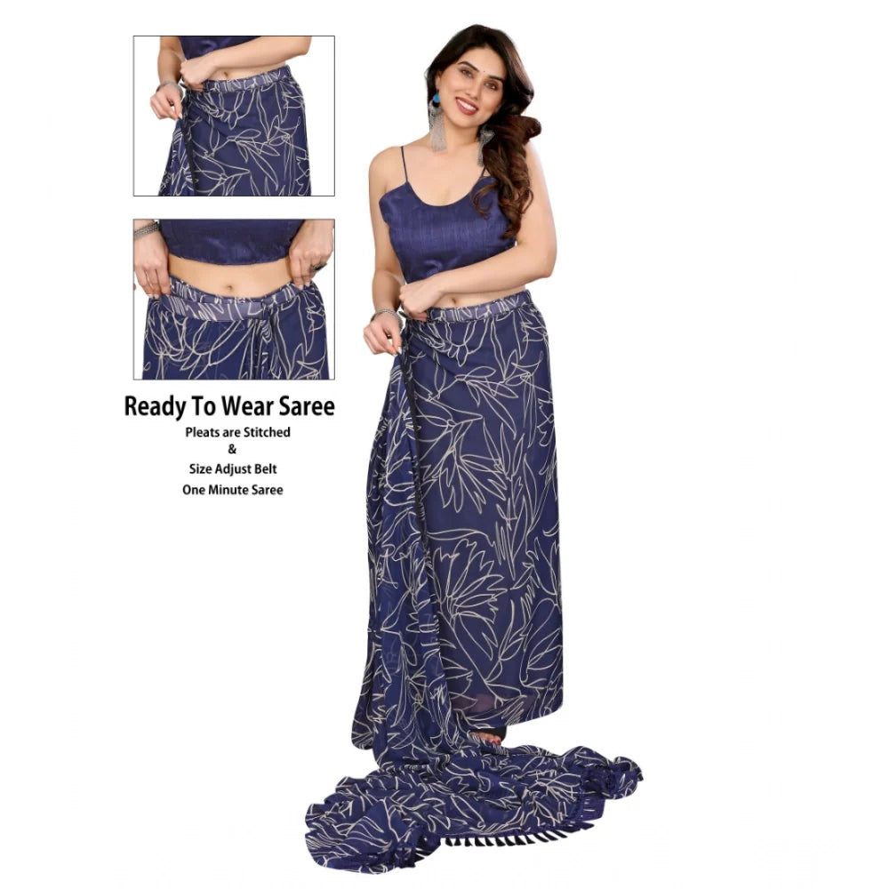 Women's Zalar Lace Georgette Printed Ready-to-Wear Saree With Unstitched Blouse 5.5 Mtr (Blue)