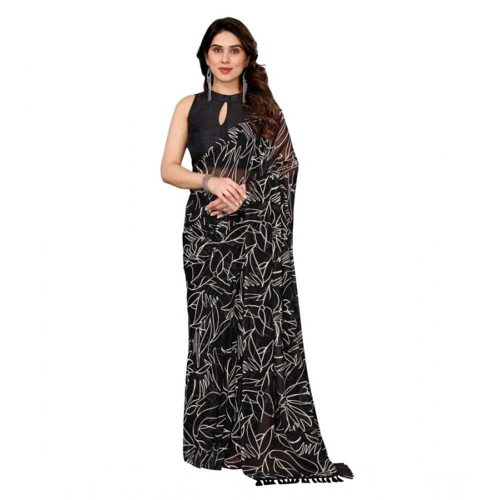 Women's Zalar Lace Georgette Printed Ready-to-Wear Saree With Unstitched Blouse 5.5 Mtr (Black)