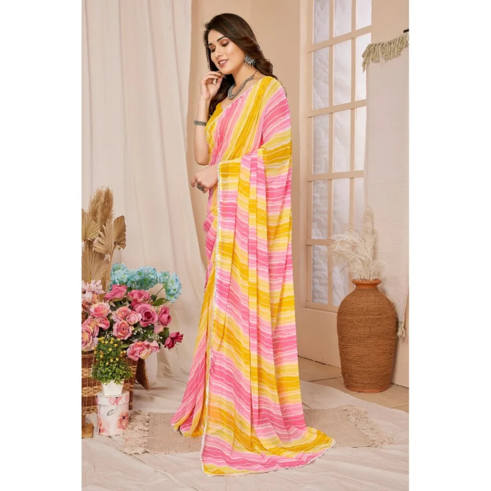 Women's Small Lace Georgette Striped Ready-to-Wear Saree With Unstitched Blouse 5.5 Mtr (Yellow-Pink)