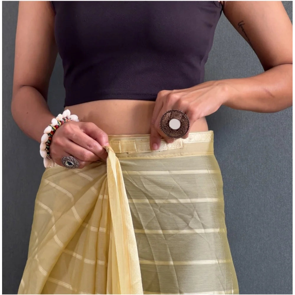 Women's Chiffon Striped Ready to wear Saree With Unstitched Blouse 5.5 Mtr (Yellow)