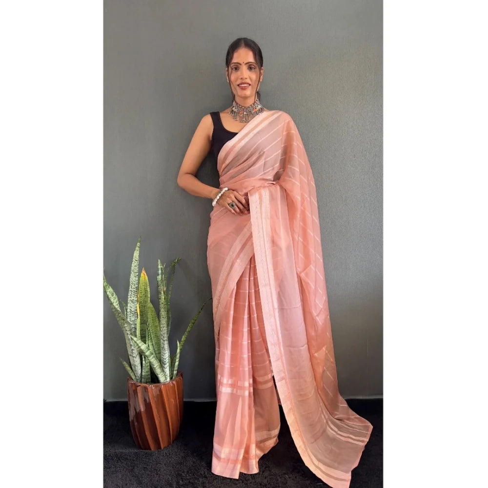 Women's Chiffon Striped Ready to wear Saree With Unstitched Blouse 5.5 Mtr (Peach)