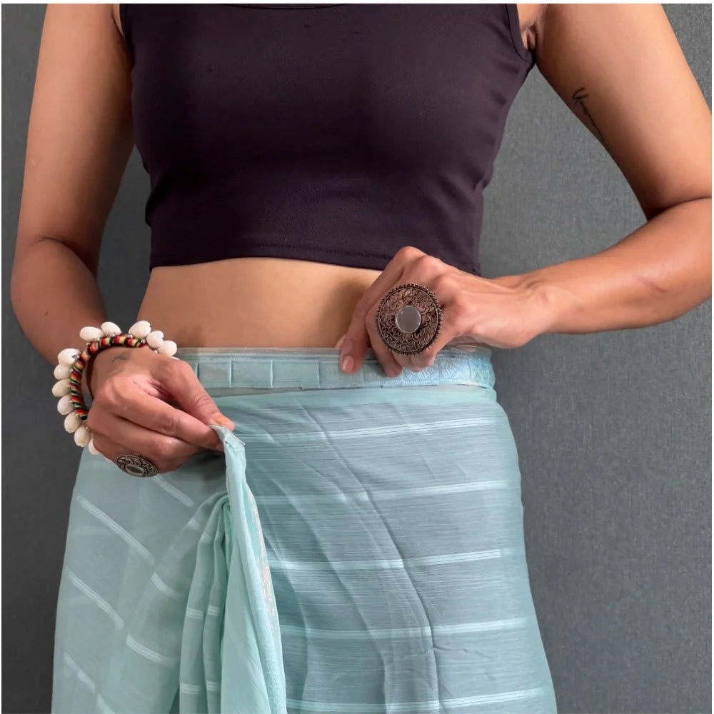 Women's Chiffon Striped Ready to wear Saree With Unstitched Blouse 5.5 Mtr (Sky)