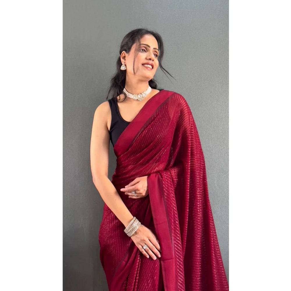 Women's Chiffon Solid Ready to wear Saree With Unstitched Blouse 5.5 Mtr (Maroon)