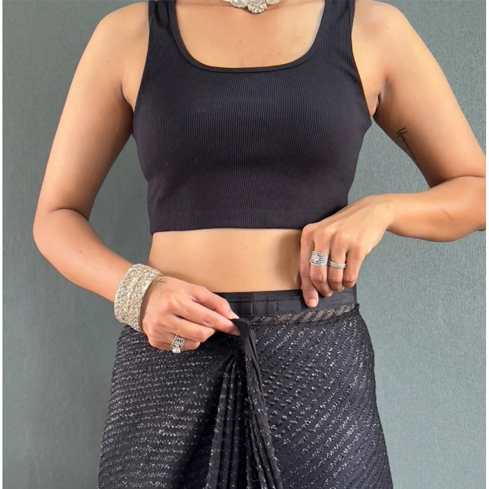 Women's Chiffon Solid Ready to wear Saree With Unstitched Blouse 5.5 Mtr (Black )