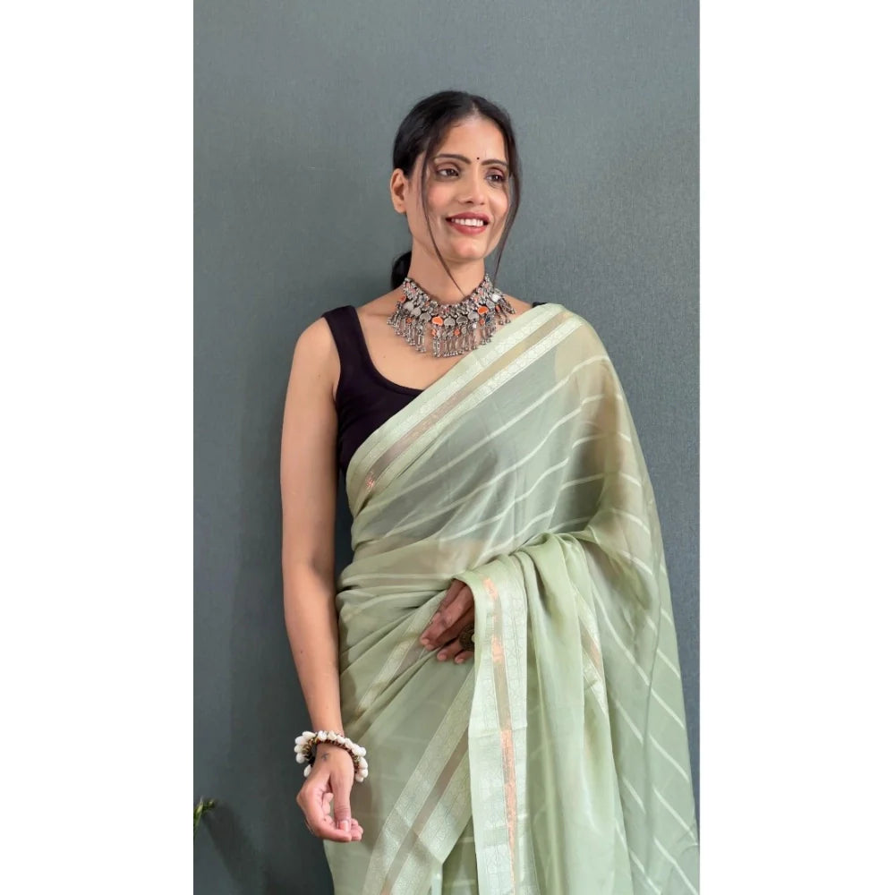 Women's Chiffon Striped Ready to wear Saree With Unstitched Blouse 5.5 Mtr (Pista )