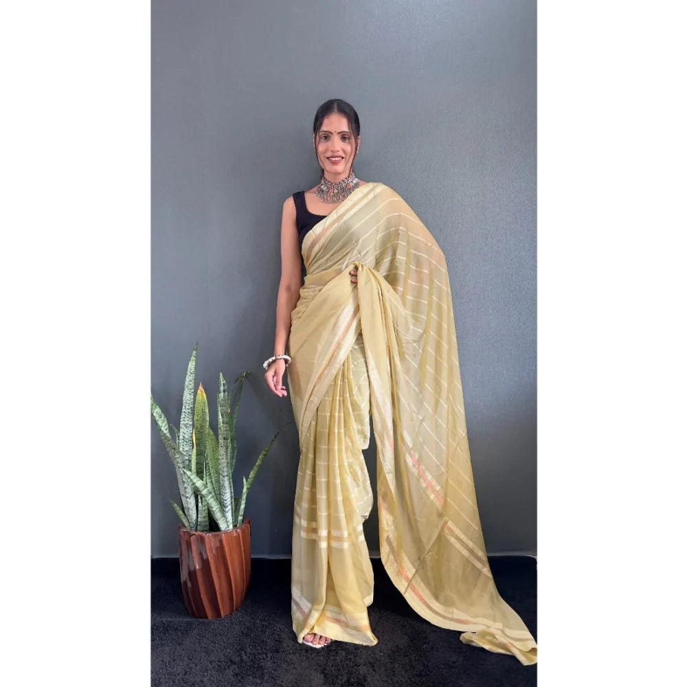 Women's Chiffon Striped Ready to wear Saree With Unstitched Blouse 5.5 Mtr (Yellow)