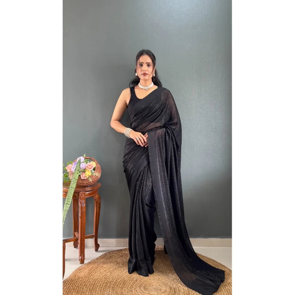 Women's Chiffon Solid Ready to wear Saree With Unstitched Blouse 5.5 Mtr (Black )
